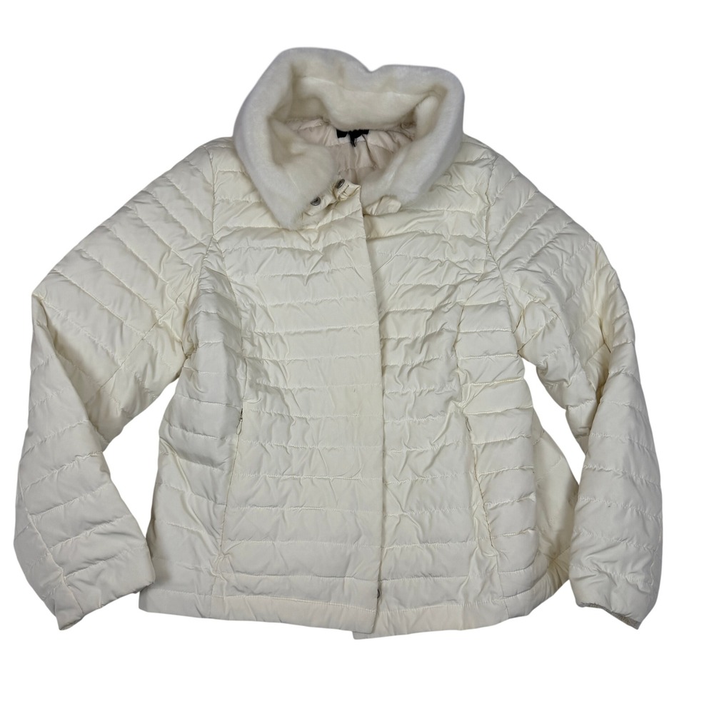 Talbots Womens Ivory White Down Puffer Jacket Removable Faux Fur Collar Large